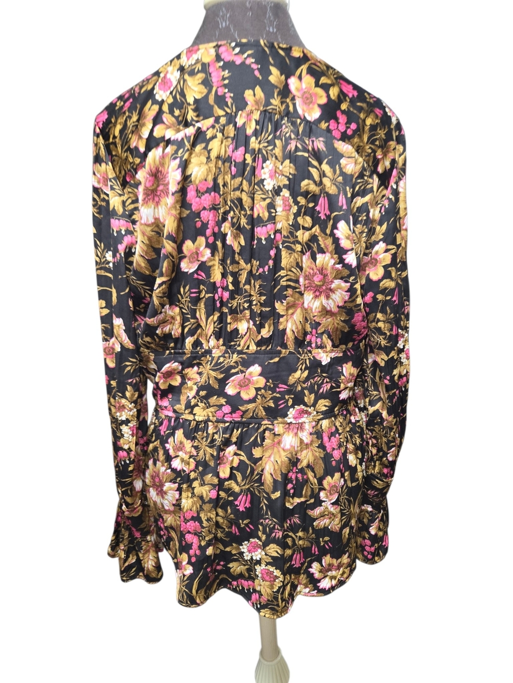 Anthropologie Black Floral V-Neck XL Long-Sleeve Blouse ruffle autumn fall - Picture 6 of 14